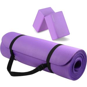 Fitvids All Purpose 1/2-Inch Extra Thick High Density Anti-Tear Exercise Yoga Mat with Carrying Strap and Yoga Blocks, Multiple Colors (Purple)