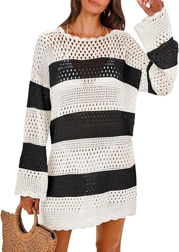 ANRABESS Women Swimsuit Crochet Swim Cover Up 2025 Summer Bathing Suit Swimwear Mesh Knit Beach Dress Vacation Outfits
, Size S