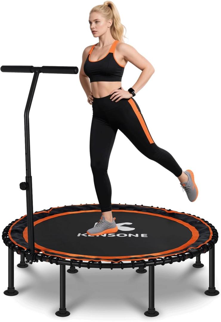 K KENSONE 48" Foldable Rebounder Trampoline for Adults with Bungee, 550 LBS Quiet Indoor Mini Trampoline for Adults Fitness with Adjustable T-Shaped Handle Bar for Gym Workout, Home Exercise, Orange