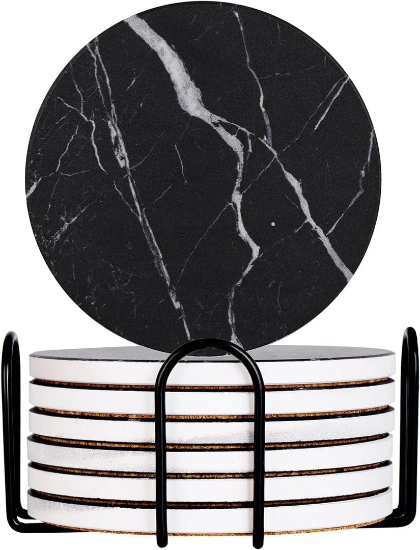 Drink Coasters with Holder Absorbent Ceramic Coasters Set of 6 Black Marble Style, 4 Inches Suitable for Kinds of Cups and Outdoor Picnic