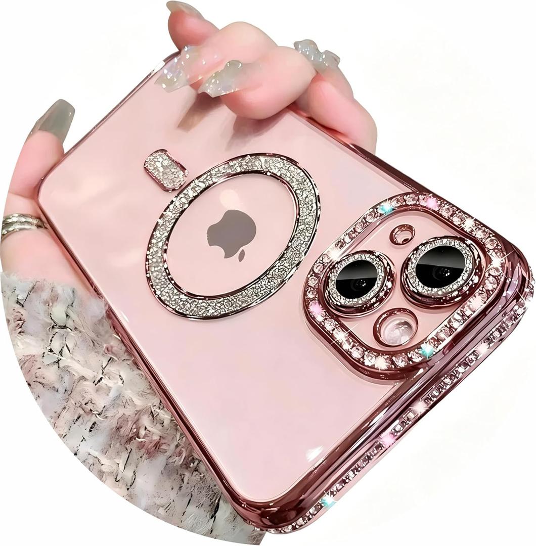 Magnetic Glitter Diamond for iPhone 15 Case[Compatible with MagSafe] Sparkle Rhinestone Camera Lens Protector Plated,Crtstal Clear Slim Military Drop Shockproof Cover for Women,Pink