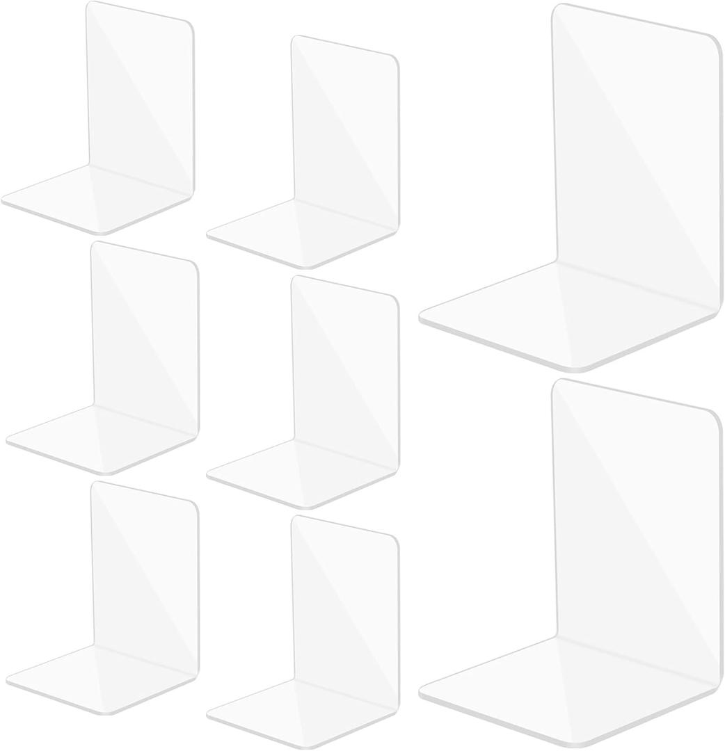 4 Pairs Acrylic Book Ends, Clear Acrylic Bookends for Book Shelves, Plastic Bookends Desktop Book Organizer Decoration Gift Stationery Supplies for School Office Library (5.1 x 3.9 x 3.9 in)