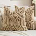 FUTEI Pack of 2 Solid Faux Fur Geometric Striped Throw Pillow Covers 18x18 Inch Soft Farmhouse Decorative Accent Lumbar Pillowcases Modern Home Decor for Couch Living Room, Khaki