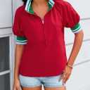 Womens Summer Blouse Tops Puff Sleeve Shirts Half Zip V Neck Dressy Casual Color Block T-Shirts (Red, S)