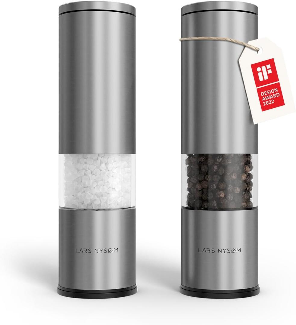 LARS NYSM Salt and Pepper Grinder Set Manual, Stainless Steel Salt and Pepper Mills with Adjustable Ceramic Grinder I Design Spice Shakers (Stainless Steel)