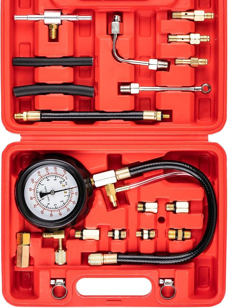 0-140PSI Fuel Pressure Tester Kit, Diesel Diagnostic Tool for Cars, Trucks & Motorcycles, Includes Multi-Size Adapters for Detecting Fuel Pump, Injector & Regulator Issues