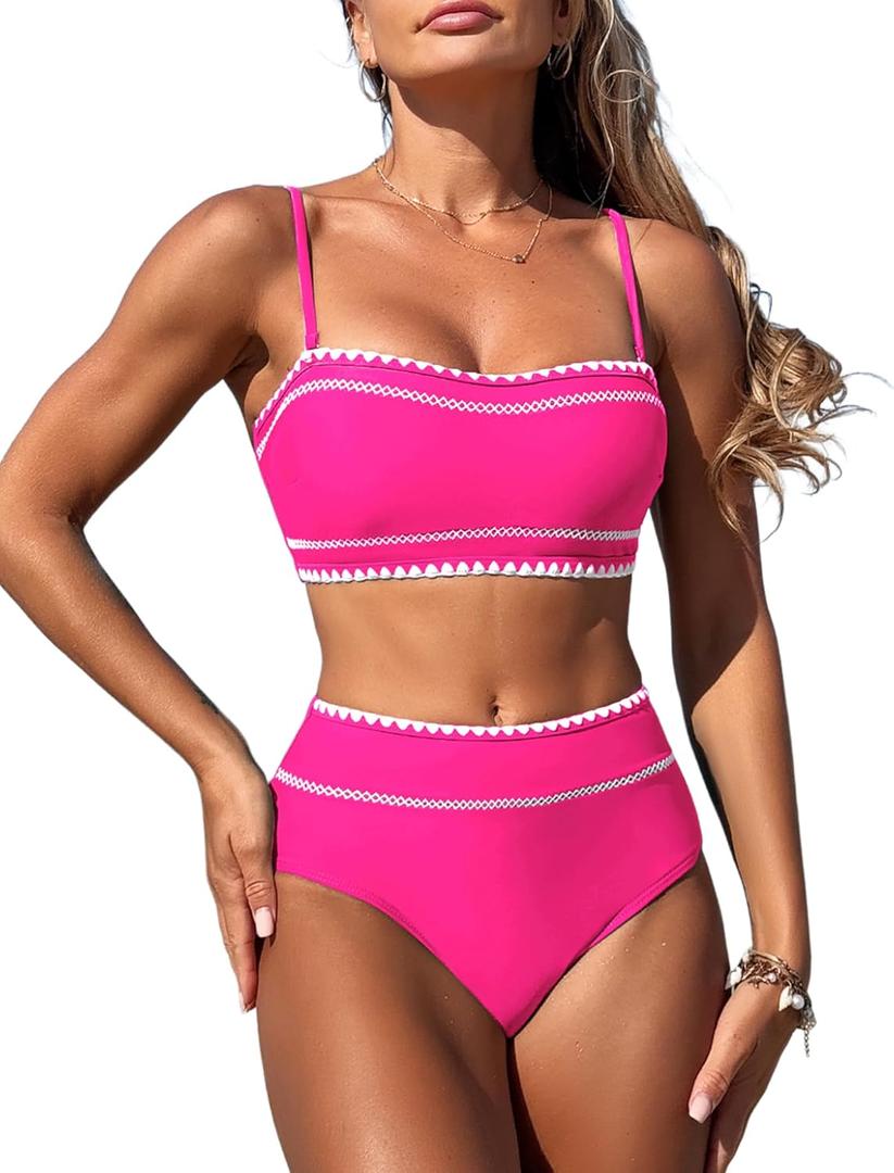 ZAFUL Women's Sexy Bikini Sets 2025 2 Piece Swimwear String Detachable Straps Swimsuit High Waisted Bathing Suits (Large, A-rose Red)