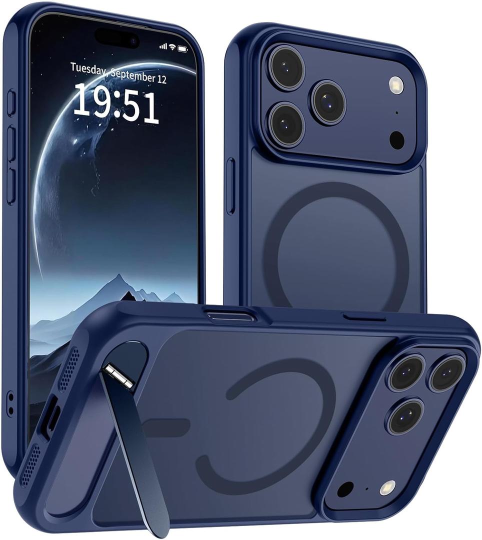 SUPFINE Magnetic for iPhone 17 Pro Max Case (Built-in Invisible Kickstand)(Compatible with MagSafe)(Military Grade Drop Protection) Translucent Matte Shockproof Phone Cover,Deep Blue