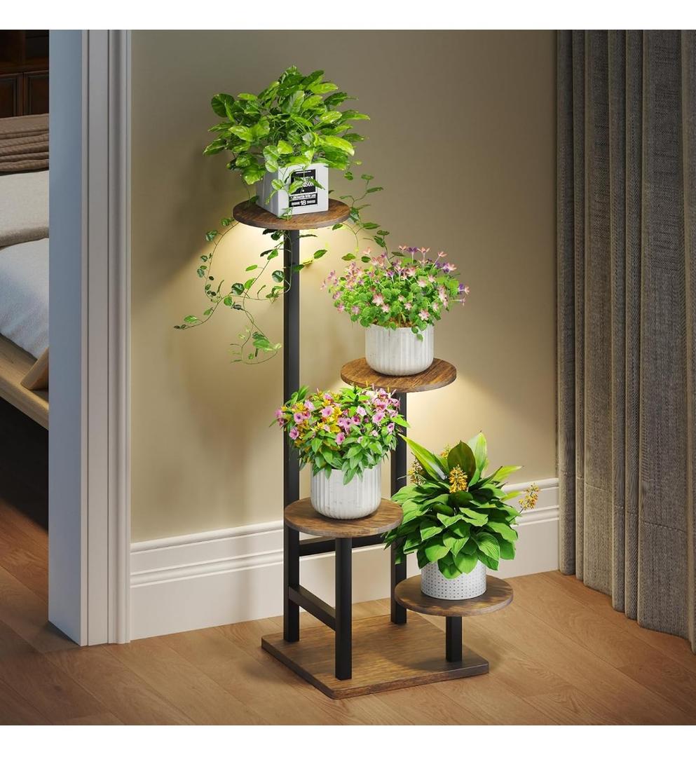Plant Stand Indoor with Grow Light,4-Tiered Tall Plant Stand Indoor, Metal Plant Shelf with Adjustable Light, Ideal for Living Room, Garden, Patio (Black/ Brown)