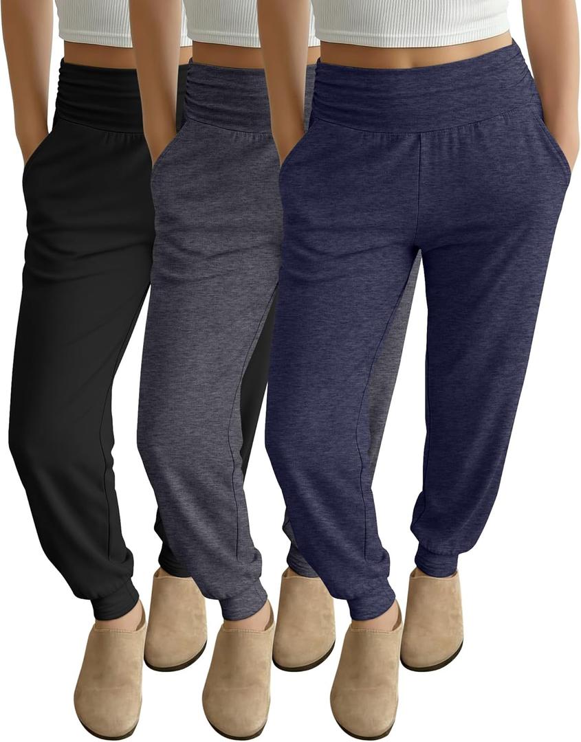 Ficerd 3 Pack Women's Lounge Pants, Cozy Yoga Joggers with Pockets High Waisted Workout Sweatpants Lightweight Comfy Pants (Medium, Black, Dark Heather Gray, Dark Blue)