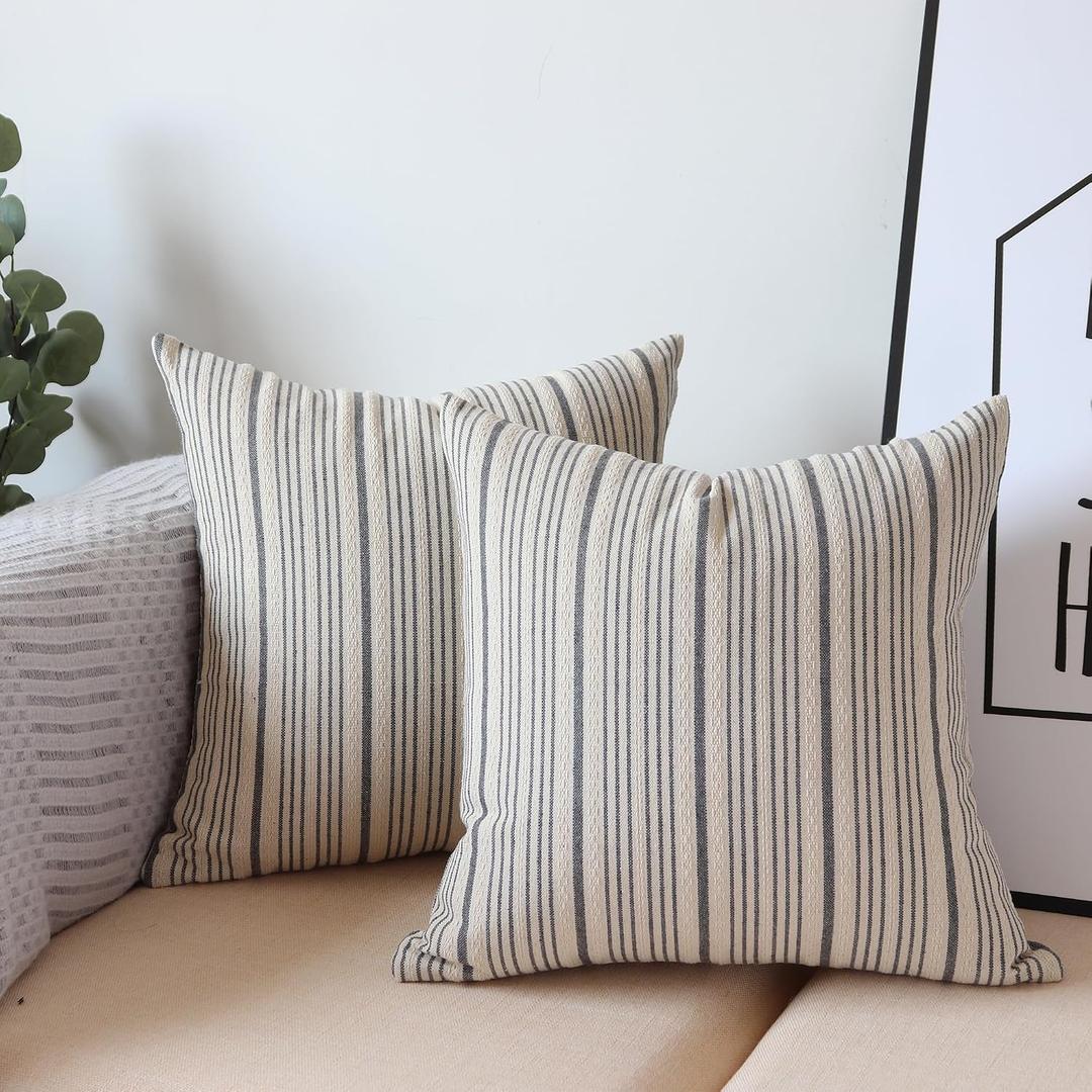 Gray Pillow Covers Farmhouse Linen Throw Pillow Covers Striped Outdoor Decorative Square Throw Pillows for Couch Sofa Bed 16 x16 in Pack of 2 Gray and Cream