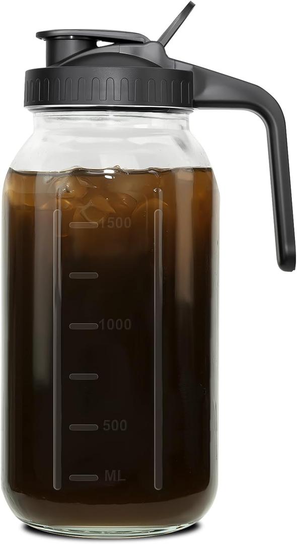 64 oz Glass Pitcher with Lid - 2 Quart Mason Jar Pitcher with Lid, Wide Mouth Airtight & Leakproof Glass Jar for Iced Tea, Juice, Breastmilk, Cold Brew, Sun Tea and Drinks (Black)