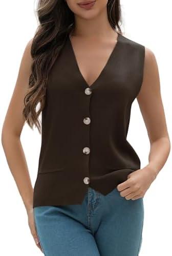 Samrise Women's Sweater Vests Summer V Neck Knit Tank Tops Crochet Button Down Sleeveless Y2k Shirts, S