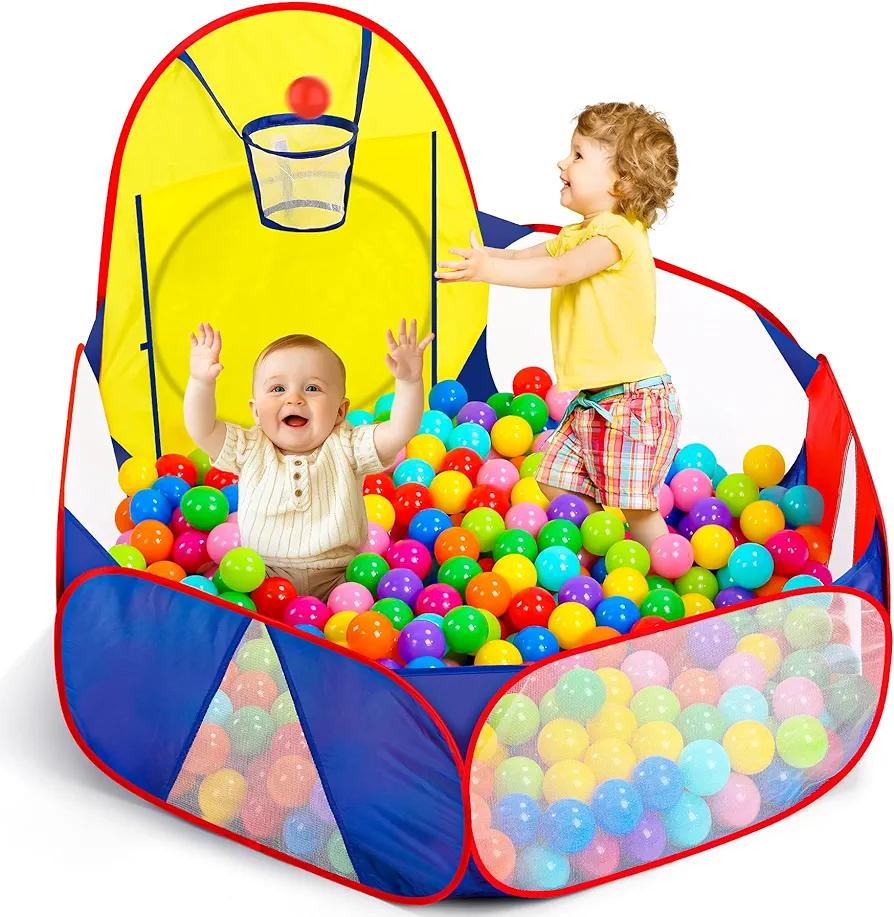 Eocolz Kids Ball Pit Large Pop Up Children's Ball Pits Tent for Toddlers Playhouse Baby Crawl Playpen with Basketball Hoop and Zipper Storage Bag, 4 Ft/120CM, Balls Not Included