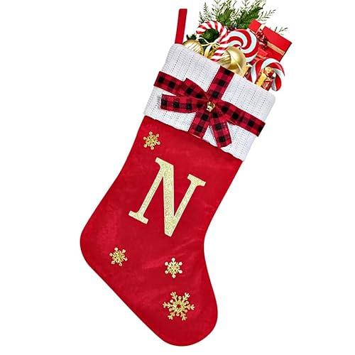 HYTENSUN Letter Christmas Stockings 15.6 Inches Monogram Red Velvet with Bell Xmas Stockings Classic Personalized Stocking Decorations for Family Holiday Season Decor