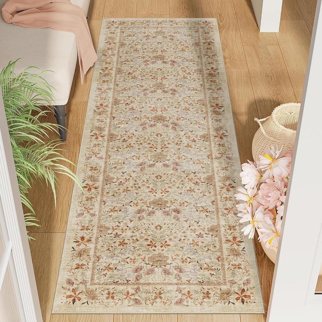 DUKINO 2x6 Runner Rug, Washable Vintage Floral Kitchen Rug, Beige
Non Slip, Low Pile, Stain Resistant Boho Soft Throw Carpet Runner for Hallway Bathroom Laundry Bedroom Entryway, Non-Shedding