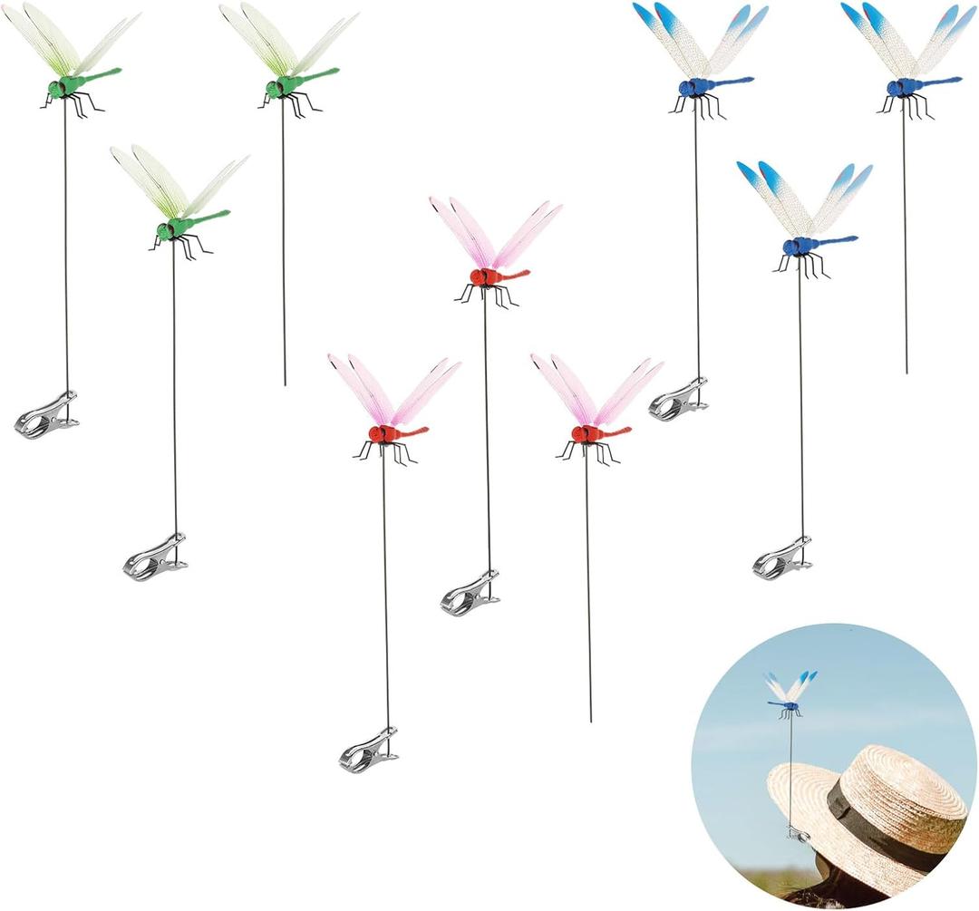 9pcs Dragonfly Clips, 3D Dragonfly Garden Decor Lifelike Dragonfly Stakes on Sticks Pole Garden Ornaments for Outdoors Patio Lawn Yard Decorations, 3 Colors