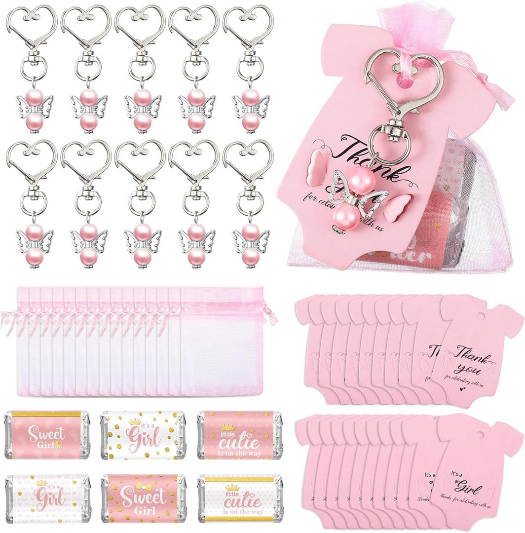 Teling 50 Sets Baby Shower Party Favors Baby Shower Angel Keychains Label Sticker Cards Organza Bags for Baptism Party(Pink)