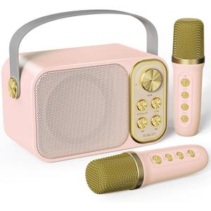 Mini Karaoke Machine for Kids with 2 Wireless Microphone, Portable Bluetooth Speaker, Kids Karaoke Machine to Sing Anywhere, for Girls, Ideal for Party, Birthday, Family Meeting (Pink)