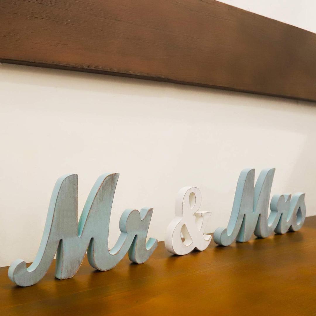 Mr Mrs Sign for Wedding Table,Mr and Mrs Wooden Letters,Large Mr. & Mrs.Party Decoration Items,Head Table Wedding Wood Letter,Blue, 12.5x7x2.5 inches