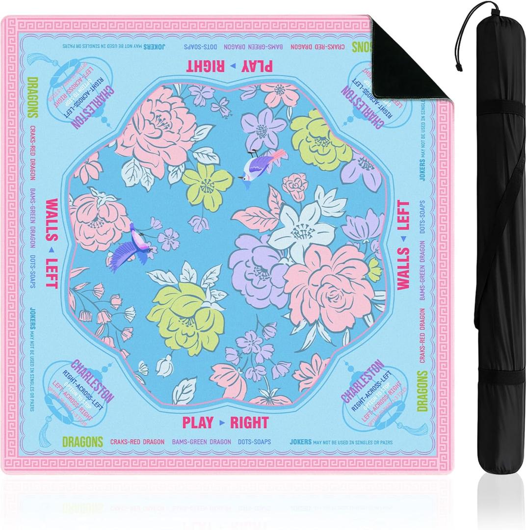 Soulchen Blue American Mahjong Mat with Rules for Table, No Creases, Ships Rolled, 31.5 x 31.5 Non-Slip Noise Reduction Gaming Mat with Carrying Bag for Mahjong Poker Card Board Games Dominoes (Blue and Pink)