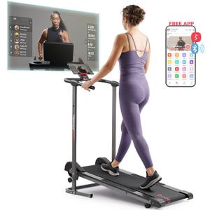 Sunny Health & Fitness Compact & Foldable Treadmill, Non-Slip Surface, Optional Dual Mode Walking/Running, Non-Electric Fixed Incline, Digital Monitor, Smart Bluetooth Connection with SunnyFit App