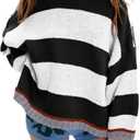 Womens Cute Colorful Sweater Knit Striped Crewneck Long Sleeve Loose Pullover Swaters Tops (Large, White)