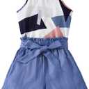 WDIRARA Girl's 2 Piece Outfit Graphic Print Sleeveless Halter Top and Belted Paperbag Waist Shorts Set, Size 11-12Y