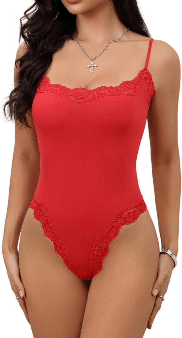 Starrylion Lace Body Suit Square Neck Tops for Women Sleeveless Spaghetti Strap Tank Top Bodysuits for Women Sexy Jumpsuit (Small, Scarlet Red)