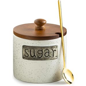 LYEOBOH Ceramic Sugar Bowl with Lid and Spoon, 15 OZ Sugar Holder for Coffee Bar Accessories, Sugar Jar for Countertop, Azucarera Farmhouse Home and Kitchen, White