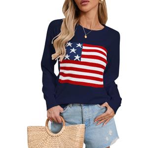 Womens American Flag Sweater, Long Sleeve Crewneck Colorblock Striped Pullover with Drop Shoulder - Casual Knitted Sweaters (Medium, 200 Navy)