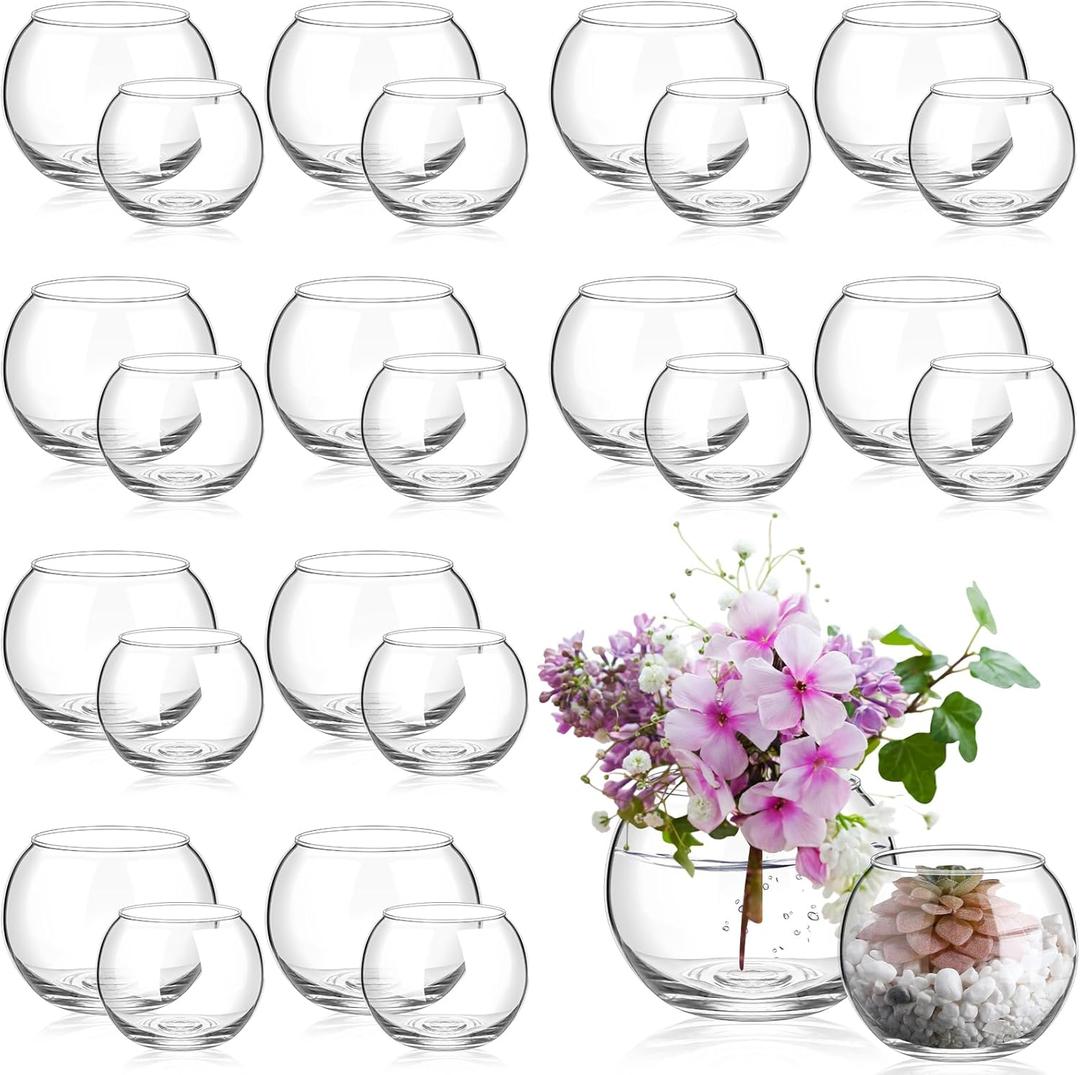 Zopeal 24 Pcs Fish Bowl Vase Glass Bubble Bowl Globe Glass Clear Bubble Vase Round Terrarium Goldfish Flower Centerpiece for Wedding Event Arrangement Office Home (2.36"h X 2.76"w and 3.15"h X 3.94"w)