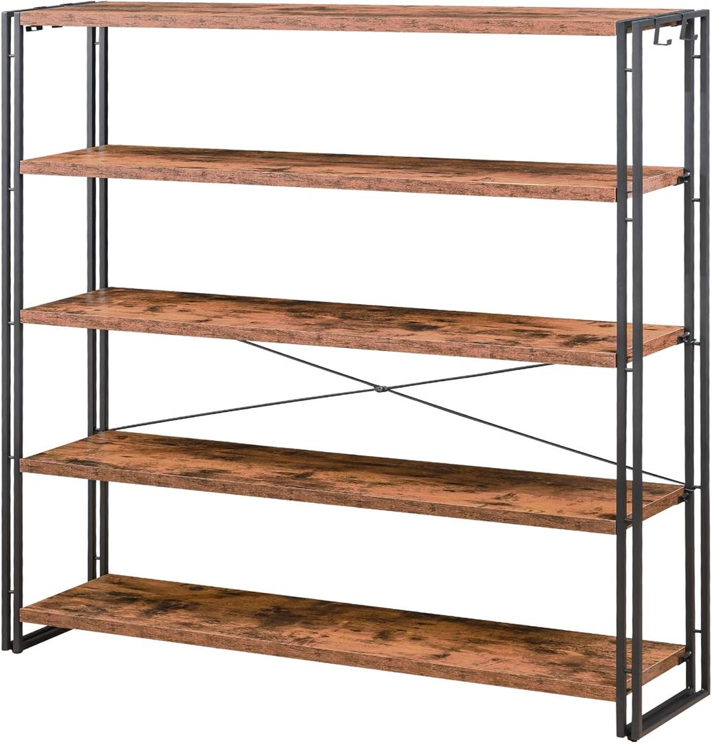 HCHQHS Bookshelf, 5-Tier Industrial Bookcase, Rustic Open Book Shelf, Freestanding Tall Bookshelves with Metal Frame