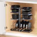 LAMU Pots and Pans Organizer under Cabinet, Expandable to 24" H Pan Organizers inside Cabinet for Kitchen Storage, 6 Adjustable Tiers and 6 Pot Lid Organizer Racks, Holds 12 Cast Iron Cookware Black