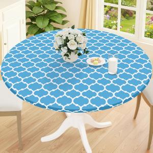 Smiry Round Picnic Tablecloth, Waterproof Elastic Fitted Table Covers for 45" - 56" Tables, Wipeable Flannel Backed Vinyl Tablecloths for Camping, Indoor, Outdoor, Light Blue & White