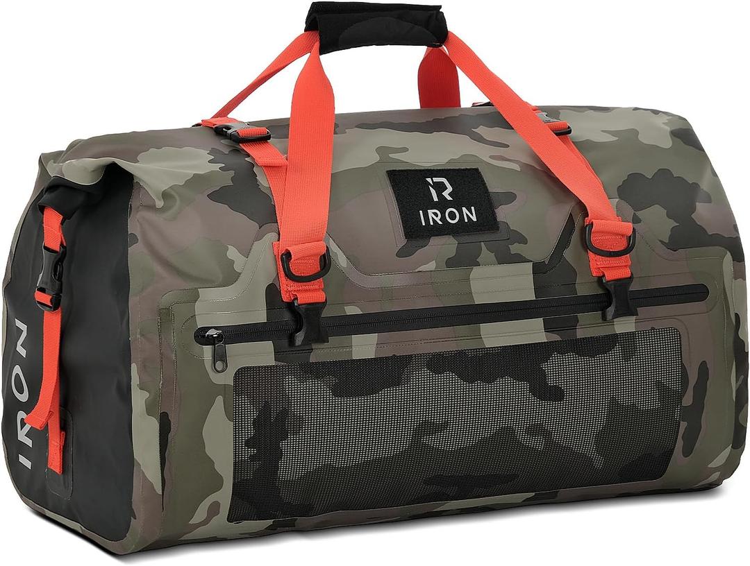 BORLENI Waterproof Motorcycle Dry Duffel Bag Luggage Tail Bag with Large Storage Space,Roll Top Closure, Shoulder Straps, Inner Pocket and Mesh Pocket for Motorcycling Travel Camping (Camouflage, 70L)
