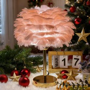 Pink Feather Table Lamp with Gold Finish - 3 Color Changing LED Bedside Desk Lamp, Modern Romantic Night Light for Bedroom Living Room Wedding Decor, Ideal Gift for Her