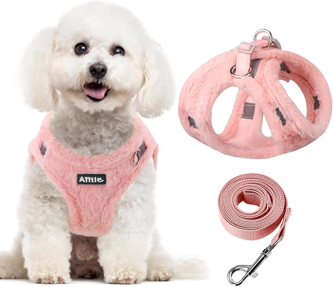 AIITLE Reflective Dog Vest Harness and Leash Set - Adjustable Plush Dog Harness with Safety and Double O-Rings Buckle -Cold Weather Dog Harness for Indoor and Outdoor Use Pure Pink XXXS