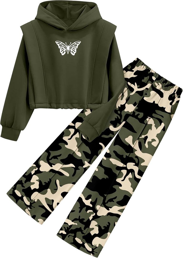 Girls Clothes 2 Piece Outfits Butterfly Print Hoodies Solid Sweatshirts Sweatpants Clothing Sets with Pockets (Green Camo, Size 7-8y)