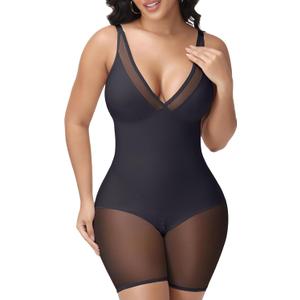 SHAPESHE Womens Shapewear Deep V Neck Bodysuit Tummy Control Slimming Faja Body Shaper Mesh Sheer Outing Outfits (Black, M)