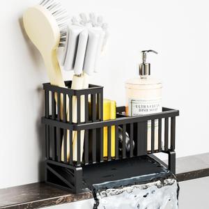 Yieach Rustproof Kitchen Sink Caddy Organizer,Durable Plastic Scrubber,Drain,Dish Sponge Holder,Dish Soap Rack and Dispenser,Multifunctional Kitchen Sink Counter Storage Organization Accessories, Black