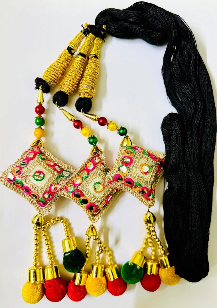 Women Patiala Shahi Handmade Paranda/Parandi Traditional Hair Accessory Braid Tassles/Hair Extension/Choti (Black with Golden Color Hangings), For Indian Wedding