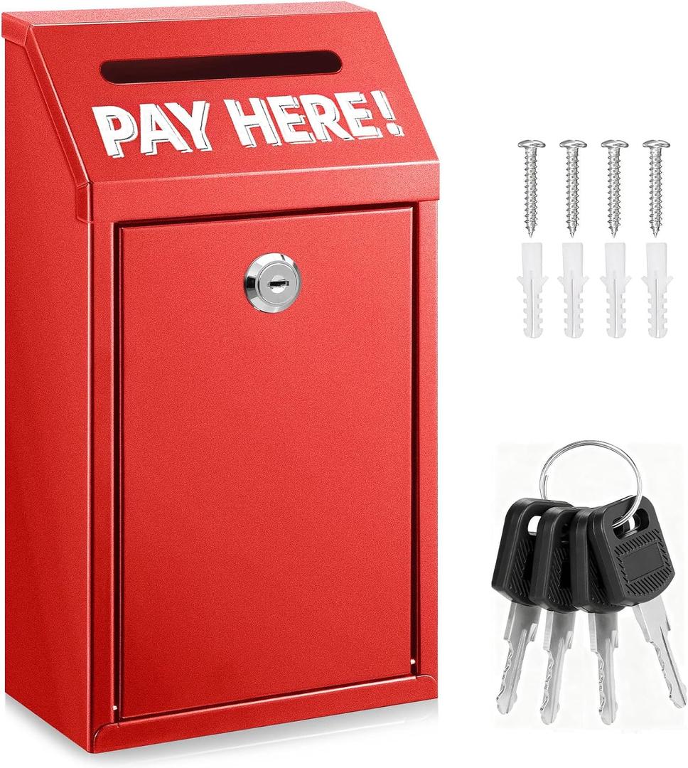 Cash Money Box with Slot – 10.2In Metal Donation Box with Lock for Cash Deposit,Wall Mounted Money Drop with Lock and Slot for Home/Farm/Office/Outdoors(Red)