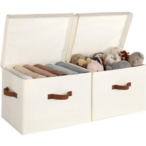 StorageWorks Fabric Storage Bins with Lid, Decorative Storage Boxes for Shelves, Stackable Closet Organizer Basket with Handles, Jumbo, Ivory White, 2-Pack