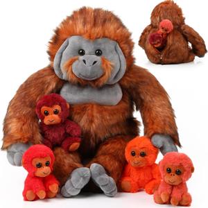 Lenwen 5 Plush Gorilla Orangutan Stuffed Animals Set 14 Inch Large Mommy Gorilla with 4 Baby Plush Toy Valentines Day Zippered Monkey Stuffed Gift for Forest Birthday Party Favor(Lovely Color)