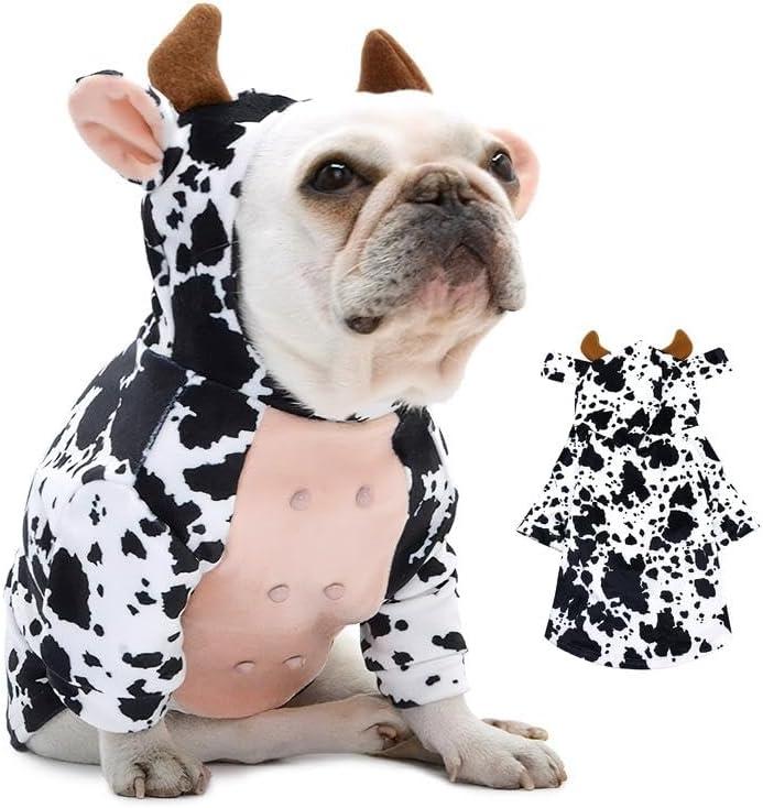 DELIFUR Dog Halloween Cow Costume - French Bulldog Adorable Holiday Outfit Cute Hoodie Cosplay Animal Costume for Small Dog (Small)