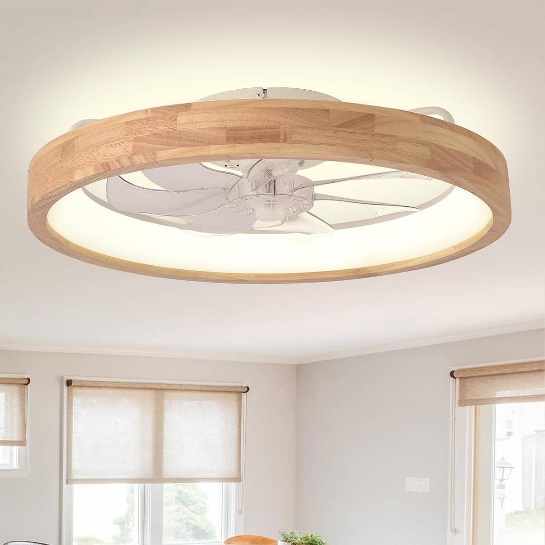 24'' Ceiling Fan with Light Fandelier Flush Mount Low Profile Wood Ceiling Fan with Dimmable LED Light 3 Color 6 Speeds, Wood