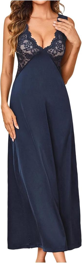WDIRARA Women's Lace Backless Sexy Long Satin Sleepwear Deep V Neck Sleeveless Nightgown Deep Blue X-Large