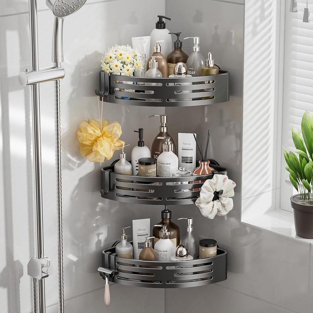 Corner Shower Caddy Suction Cup,Shower Shelves with Hooks,No Drilling Powerful Suction Bathroom Organizers and Storage,Removable Waterproof Rustproof Shower Bathroom Accessories Decor(Grey 2Pack)