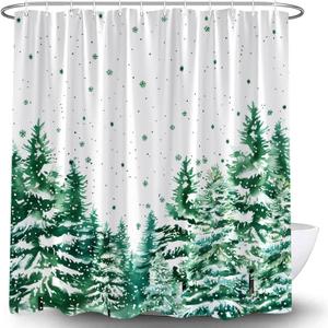 Winter Christmas Forest Shower Curtain Pine Tree Snowflake Misty Snowy Jungle Xmas Tree Snow Scene Rustic Holiday Nature Scenery Fabric Bath Curtain with Hooks